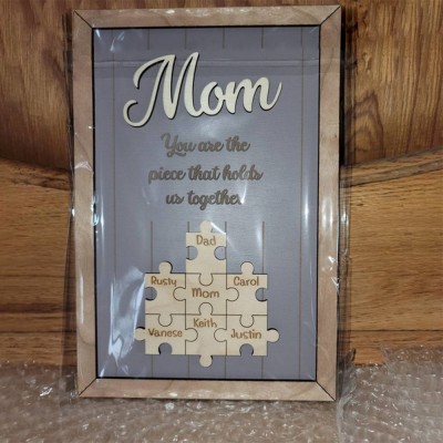 Mom Puzzle Pieces Personalized Engraved Wood Sign Home Wall Decor For Mothers Day Gift