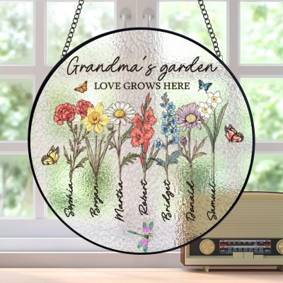 Custom Grandma's Garden Stained Glass Personalized Love Grows Here Suncatcher Mothers Day Gift Christmas Gifts