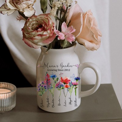 Custom Mama's Garden Birth Flower Vase With Kids Name For Mother's Day Gift