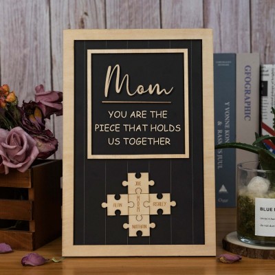 Mom Puzzle Pieces Personalized Engraved Wood Sign Home Wall Decor For Mothers Day Gift