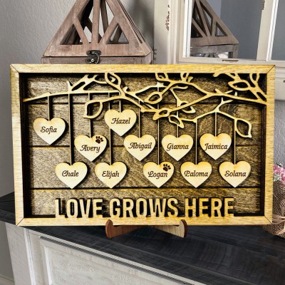 Personalized Wood Family Tree Sign With Name Engraved Home Decor For Mother's Day Love Grows Here