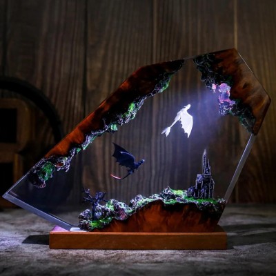 Handmade Dragon Resin Wood Lamp Anniversary Couple Gift