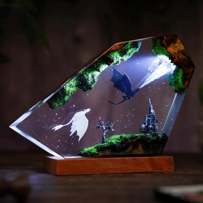 Handmade Dragon Resin Wood Lamp Anniversary Couple Gift