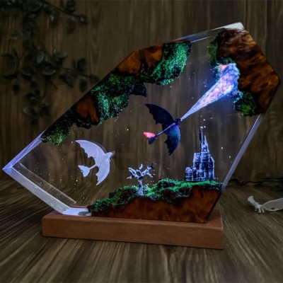 Handmade Dragon Resin Wood Lamp Anniversary Couple Gift