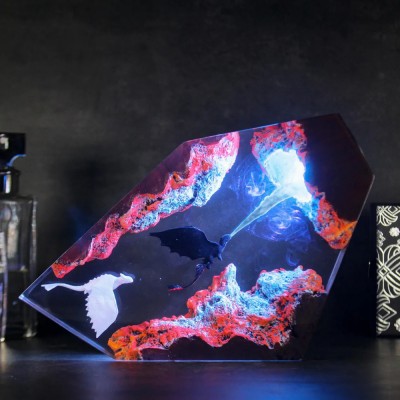 Handmade Dragon Resin Wood Lamp Anniversary Couple Gift