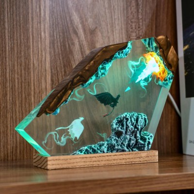 Handmade Dragon Resin Wood Lamp Anniversary Couple Gift