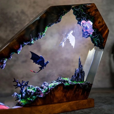 Handmade Dragon Resin Wood Lamp Anniversary Couple Gift