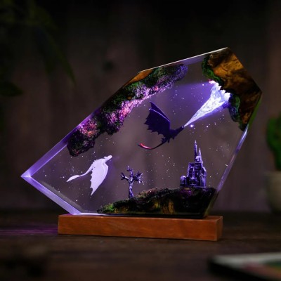 Handmade Dragon Resin Wood Lamp Anniversary Couple Gift