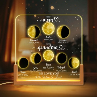 First Mom Now Grandma Personalized Moon Phase Night Light By Date For Mother's Day Gift