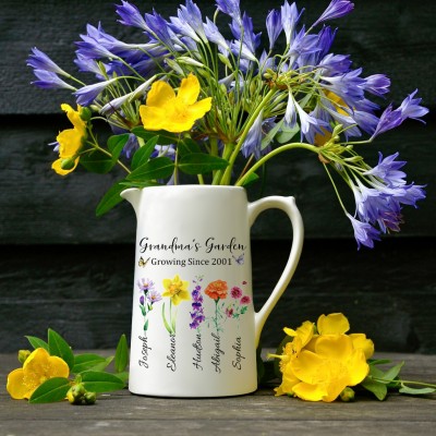 Custom Grandma's Garden Vase With Kids Names and Birth Month Flowers For Mother's Day Gift