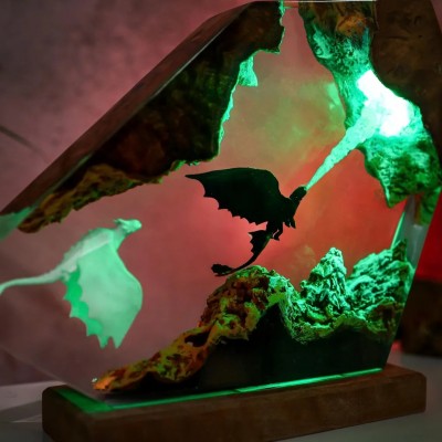 Handmade Dragon Resin Wood Lamp Anniversary Couple Gift