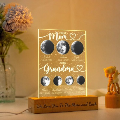 First Mom Now Grandma Personalized Moon Phase Night Light By Date For Mother's Day Gift