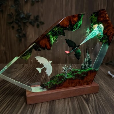 Handmade Dragon Resin Wood Lamp Anniversary Couple Gift