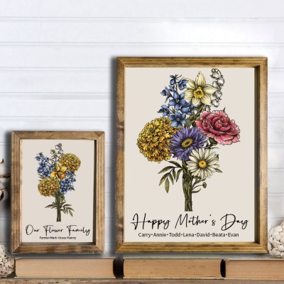 Custom Birth Flower Bouquet Wood Sign With Kids Name Wall Art For Mother's Day