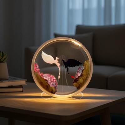 Handmade Round Wall Epoxy Resin Lamp Dragon Art Decor Home Lighting Christmas Gifts
