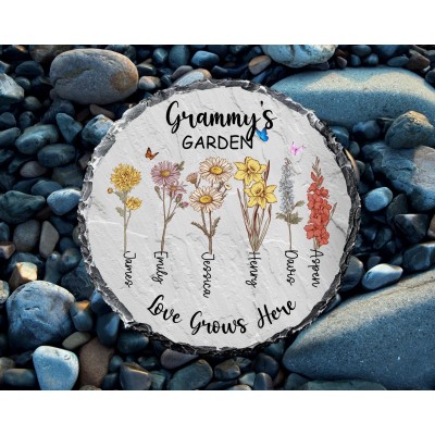 Personalized Birth Flower Round Garden Stone For Mom Grandma Christmas Gift