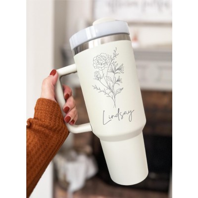 Custom Birth Flower Birthday Gift Tumbler 40 oz  Birth Flower Christmas Gift