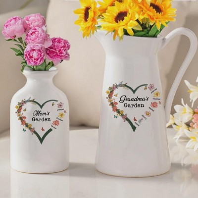 Personalized Mom’s Garden Flower Vase Custom Family Name Birth Flower Vase Mother’s Day Gift for Mom or Nana