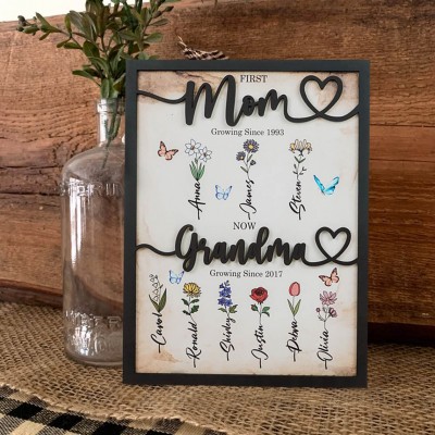 First Mom Now Grandma Custom Birth Flower Wood Sign Home Wall Art For Mothers Day Gifts